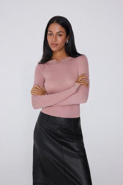Pink Long Sleeve Boat Neck Wool Top, 5701_946Y, large image number 1