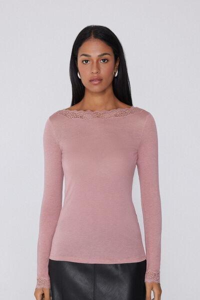 Pink Long Sleeve Boat Neck Wool Top, 5701_946Y, medium