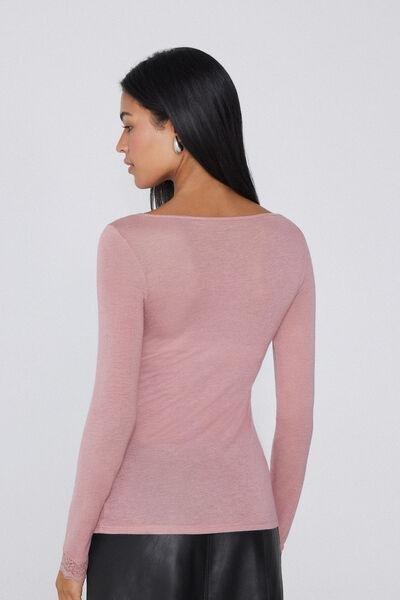 Pink Long Sleeve Boat Neck Wool Top, 5701_946Y, medium