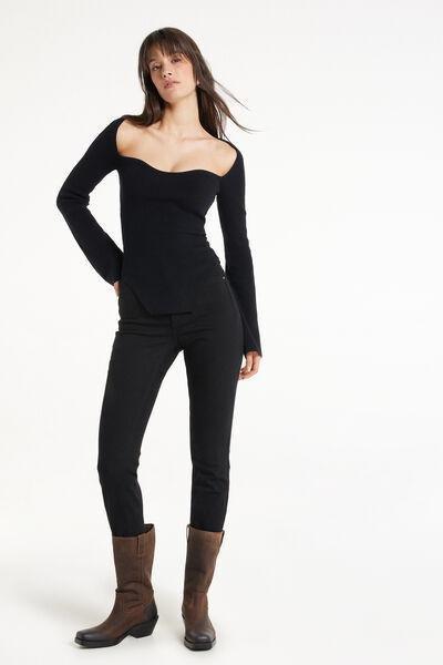 Black Ribbed Sweetheart Neckline Top, , large image number 1