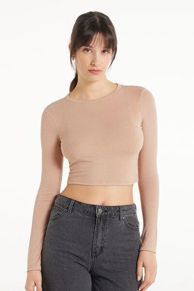 Tezenis - Beige Ultralight Short Ribbed Viscose Top With Long Sleeves