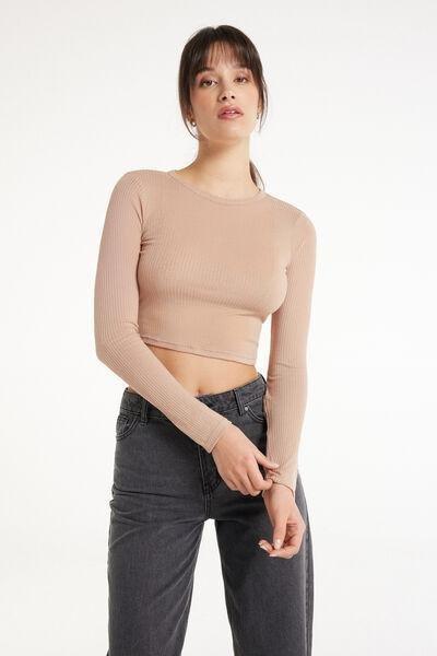 Tezenis - Beige Ultralight Short Ribbed Viscose Top With Long Sleeves