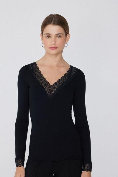 قميص أسود من ال"يسكوز بياقة على شكل V, Black, medium