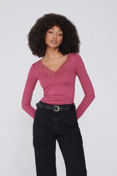 Pink Long Sleeve V-Neck Top, 5701_322Y, large image number 0