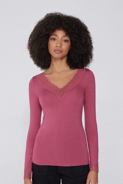 Pink Long Sleeve V-Neck Top, 5701_322Y, large image number 1