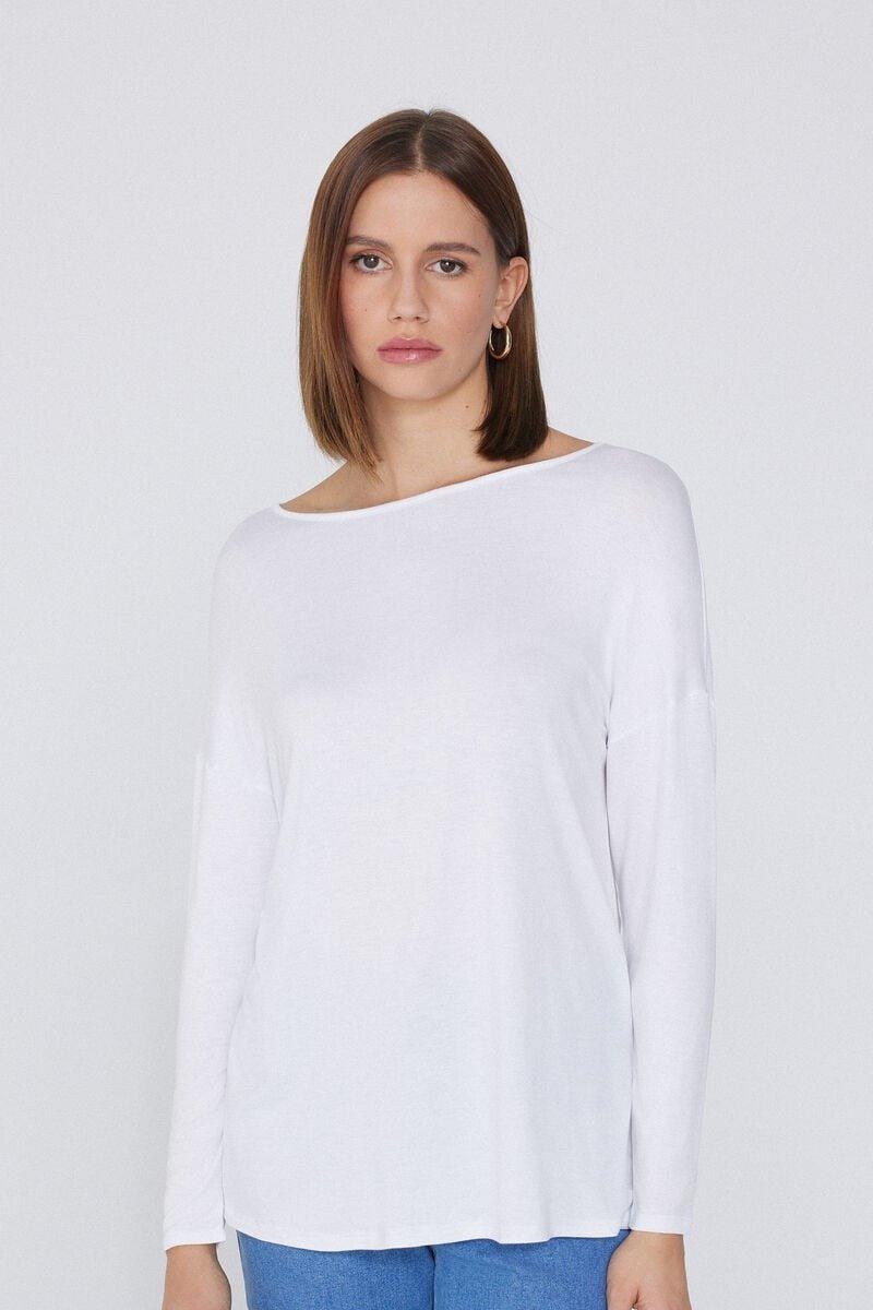 White Boat Neck Long-Sleeved Viscose Shirt, White, large image number 0