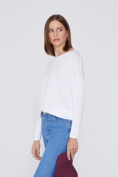 White Boat Neck Long-Sleeved Viscose Shirt, White, large image number 1