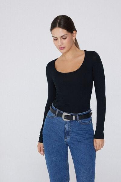 Black Long-Sleeve Scoop-Neck Top, Black, large image number 1