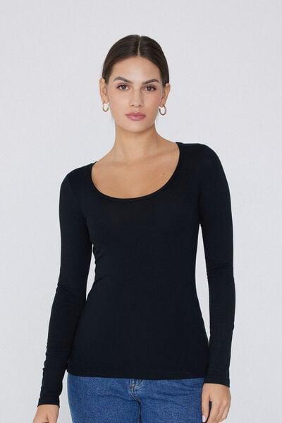 Black Long-Sleeve Scoop-Neck Top, Black, large image number 3