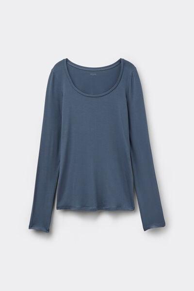 Blue Long Sleeve Viscose Scoop Neck Top, 5701_213Z, medium