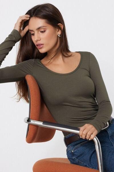 Khaki Long Sleeve Viscose Scoop Neck Top, 5701_226Z, large image number 1