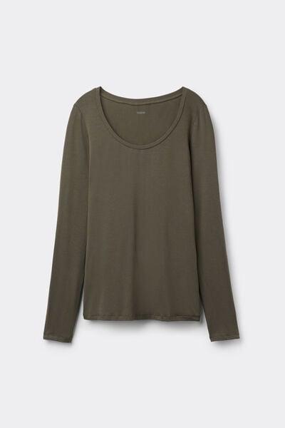 Khaki Long Sleeve Viscose Scoop Neck Top, 5701_226Z, large image number 2
