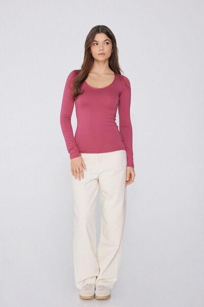 Pink Long Sleeve Scoop Neck Top, , large image number 0