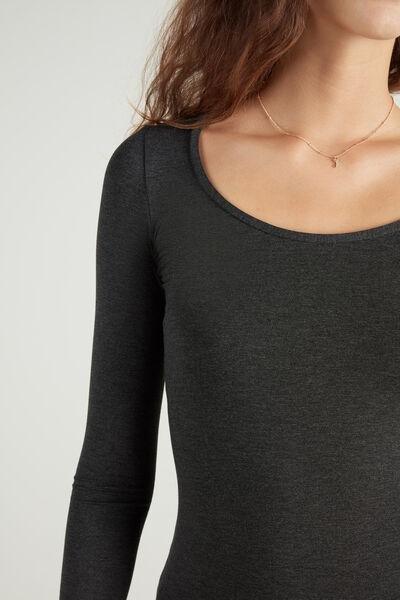 Grey Long-Sleeve Scoop-Neck Viscose Top, Dark Grey Blend, large image number 3