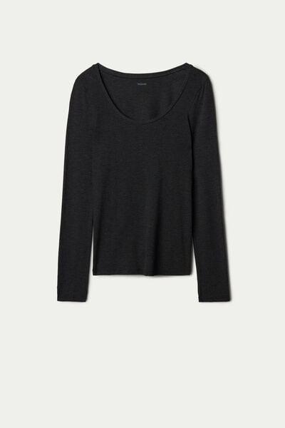 Grey Long-Sleeve Scoop-Neck Viscose Top, Dark Grey Blend, large image number 4