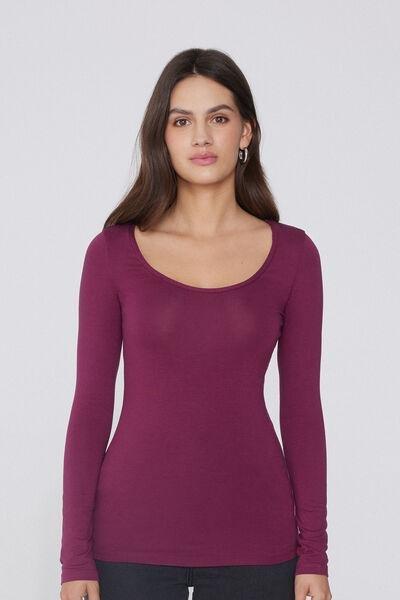 Burgundy Long Sleeve Viscose Scoop Neck Top, 5701_719Y, medium