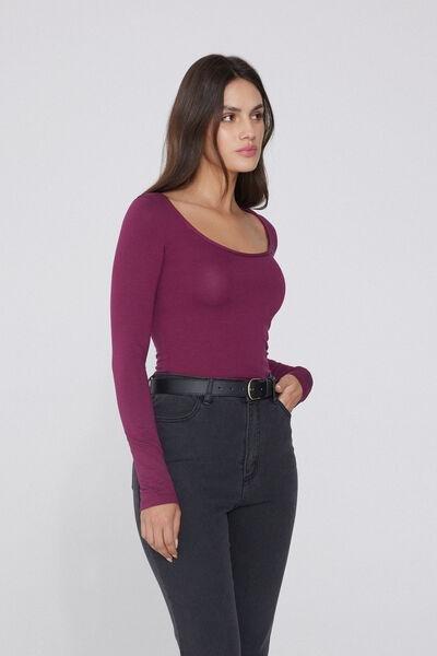 Burgundy Long Sleeve Viscose Scoop Neck Top, 5701_719Y, large image number 1
