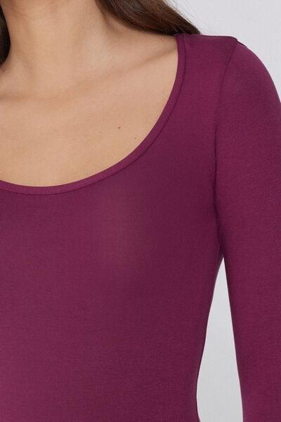 Burgundy Long Sleeve Viscose Scoop Neck Top, 5701_719Y, large image number 3