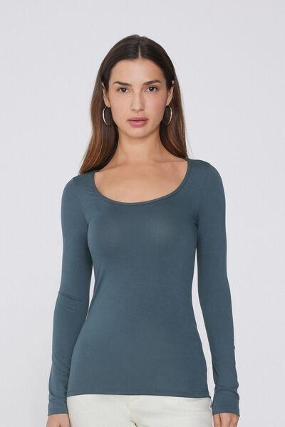 Grey Long Sleeve Viscose Scoop Neck Top, , large image number 0