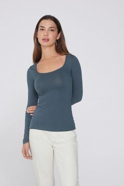 Grey Long Sleeve Viscose Scoop Neck Top, , large image number 1