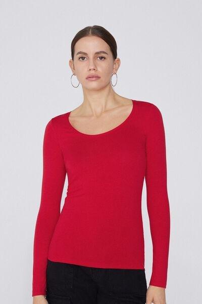 Tezenis - Red Long-Sleeve Scoop-Neck Viscose Top