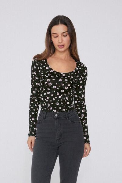 Black Long-Sleeved Printed Viscose Top, 5701_754Y, medium