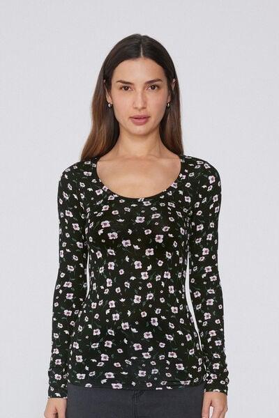 Black Long-Sleeved Printed Viscose Top, 5701_754Y, medium