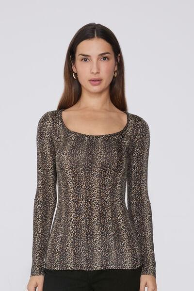 Black Long-Sleeved Animal Print Viscose Top, 5701_762Y, medium