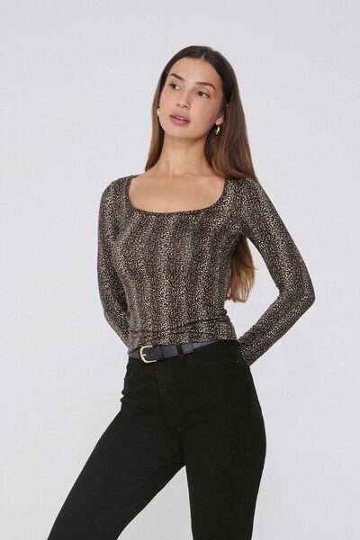 Black Long-Sleeved Animal Print Viscose Top, 5701_762Y, large image number 1
