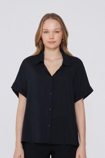 Black Short-Sleeved Viscose Shirt, Black, large image number 0