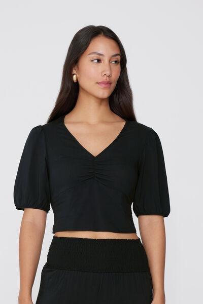 Black Short Sleeve Crop Top, Black, medium