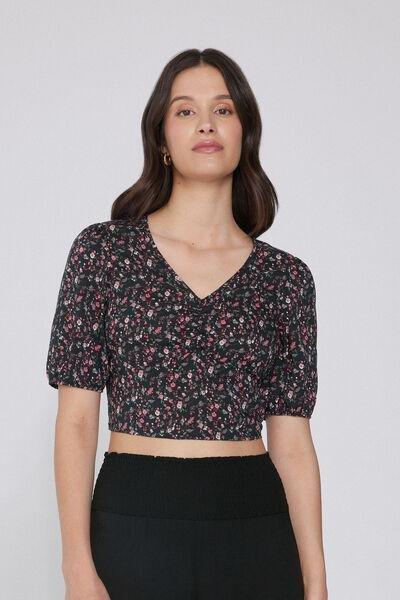 Black Printed Short Sleeve Crop Top, , large image number 0