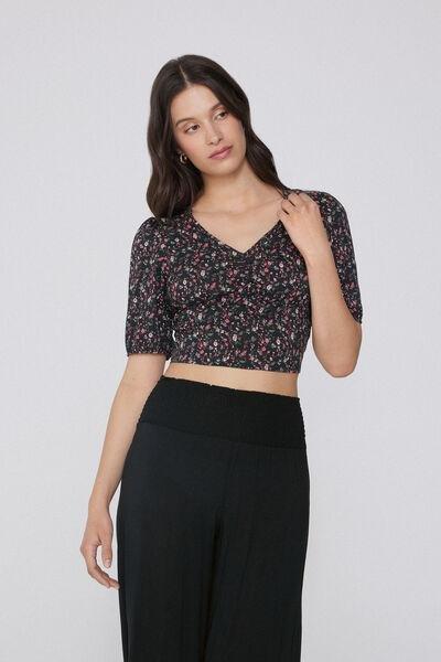 Black Printed Short Sleeve Crop Top, , large image number 1