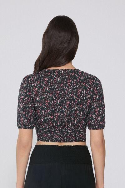 Black Printed Short Sleeve Crop Top, , large image number 2