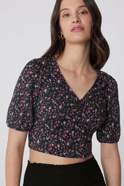 Black Printed Short Sleeve Crop Top, 5701_753Y, medium