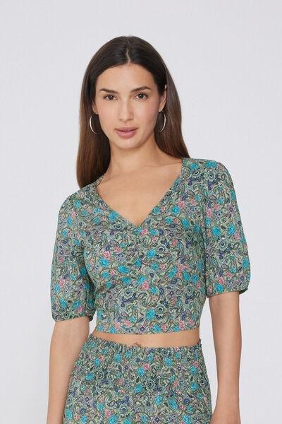 Multicolour Short Sleeve Viscose Crop Top, , large image number 0