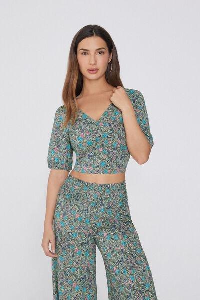 Multicolour Short Sleeve Viscose Crop Top, , large image number 1