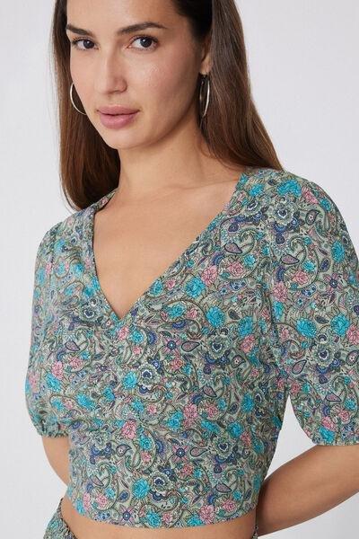 Multicolour Short Sleeve Viscose Crop Top, , large image number 3