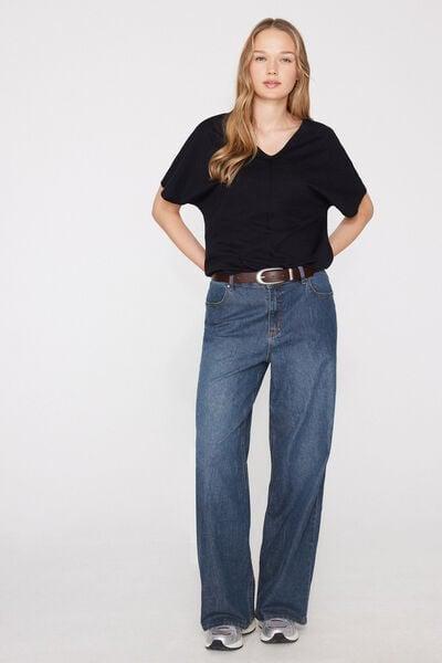 Black V-Neck 100% Slub Cotton T-Shirt, Black, large image number 0
