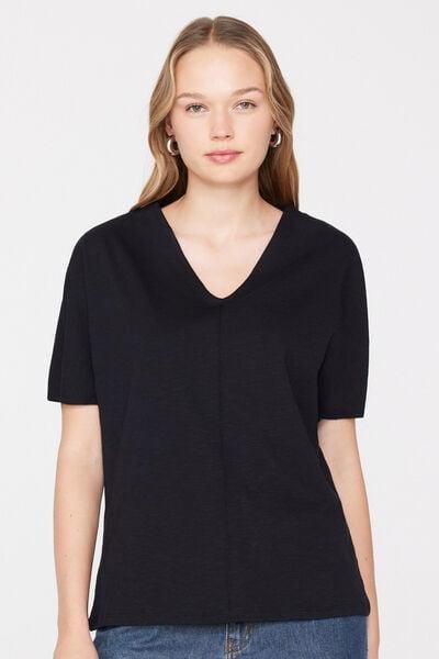 Black V-Neck 100% Slub Cotton T-Shirt, Black, large image number 1