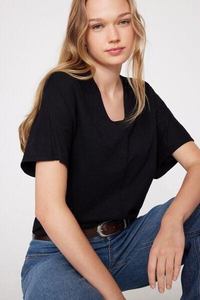Black V-Neck 100% Slub Cotton T-Shirt, Black, large image number 3
