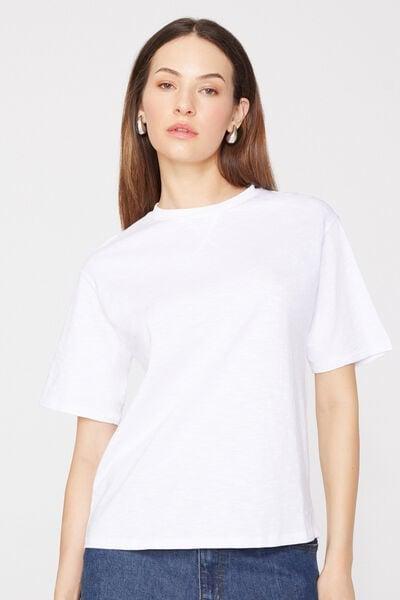 White Round Neck 100% Slub Cotton T-Shirt, White, medium