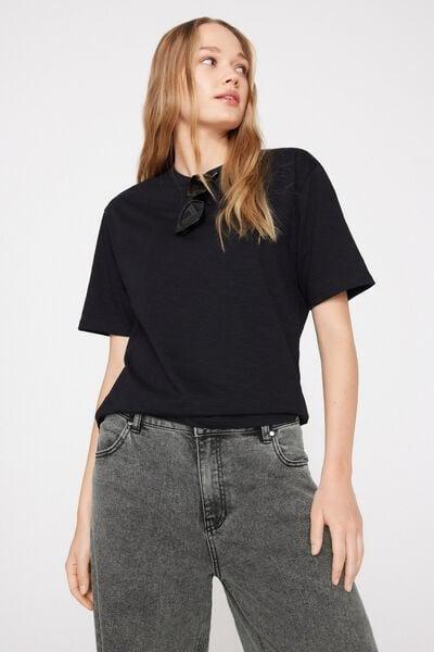 Black Round Neck 100% Slub Cotton T-Shirt, Black, large image number 0