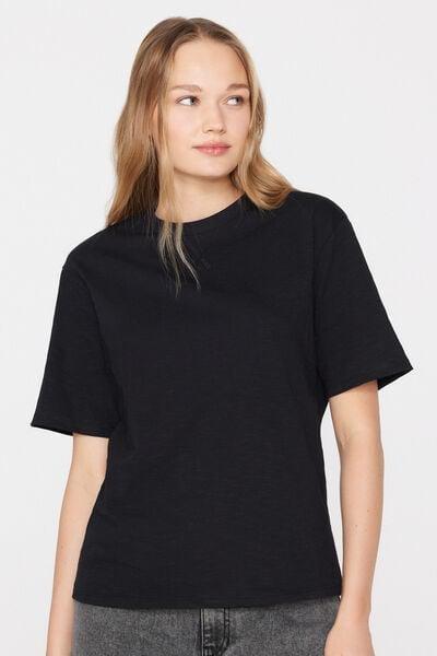 Black Round Neck 100% Slub Cotton T-Shirt, Black, large image number 1