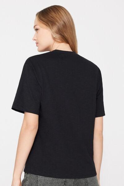 Black Round Neck 100% Slub Cotton T-Shirt, Black, large image number 2
