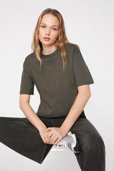 Green Round Neck Slub 100% Cotton T-Shirt, 5701_226Z, large image number 0