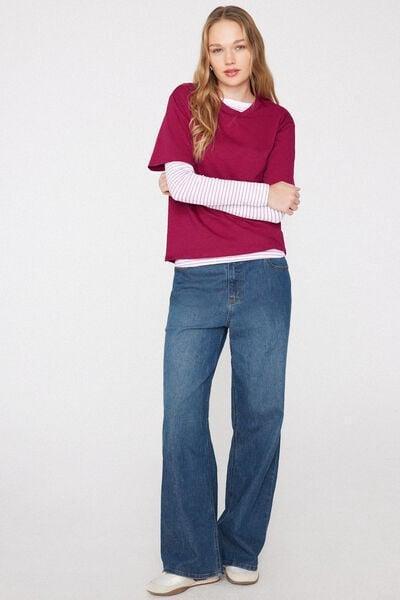Red Round Neck Slub 100% Cotton T-Shirt, 5701_343Z, large image number 0