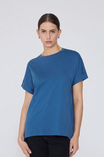 Blue Kimono Turn-Up Cotton T-Shirt, 5701_558W, large image number 0