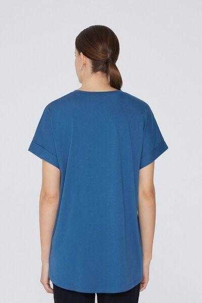 Blue Kimono Turn-Up Cotton T-Shirt, 5701_558W, large image number 1