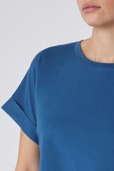 Blue Kimono Turn-Up Cotton T-Shirt, 5701_558W, large image number 2